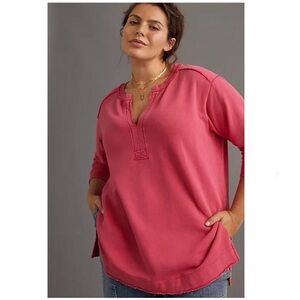 Anthropologie Pilcro Terry Cloth Split V-Neck Pullover Sweatshirt Pink Large